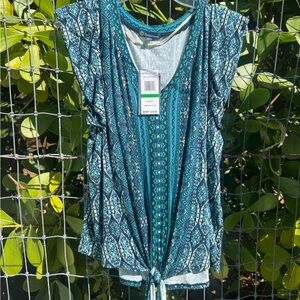 Democracy Teal and Navy Patterned Blouse